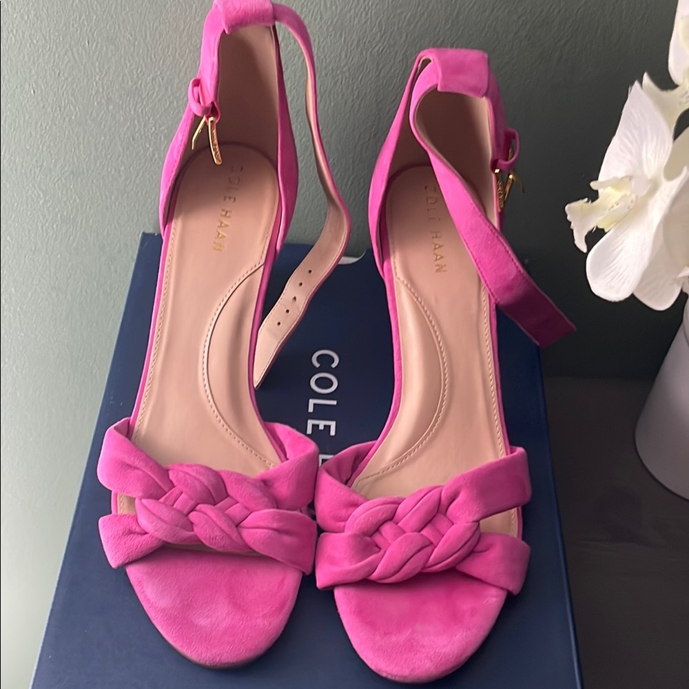 Cole Haan Pink Suede Heels with Braid Detail - Picture 2 of 5